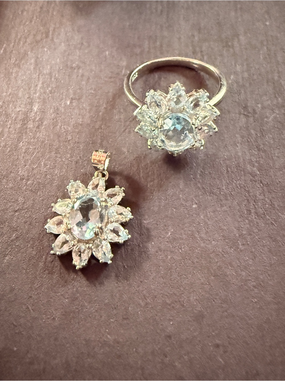 Matching Natural Blue Topaz Flower Pendant and Ring 
Set Sz7 - Picture 5 of 17